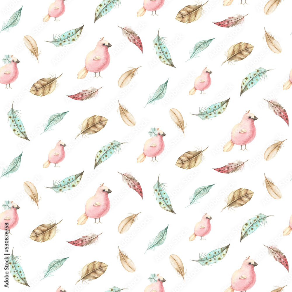Obraz premium Watercolor Seamless Patterns Feathers Cute Birds Nest Colorful 
