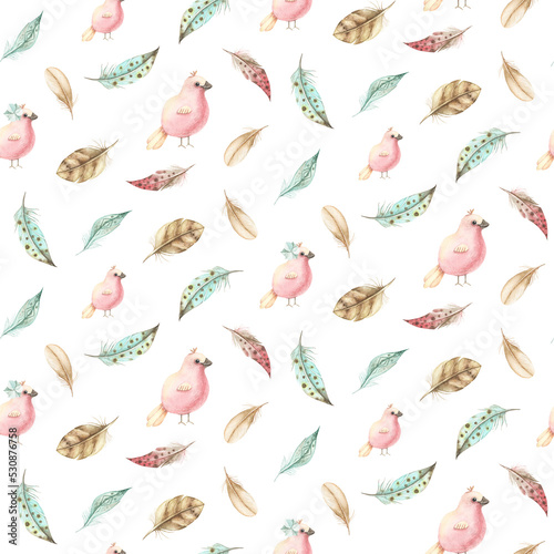 Watercolor Seamless Patterns Feathers Cute Birds Nest Colorful 