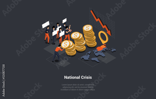 Global World Crisis Concept. Aggressive People Strike Against Price Increases. Economic Decline, Downfall, Inflation, Devaluation, Stock market Crash, And Bankruptcy. Isometric 3d Vector Illustration