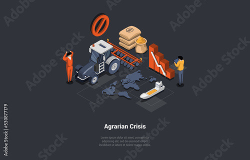 Global World Crisis Concept. Shocked Agrarian People Concerned Of Economic Cituation. Decline, Downfall, Inflation, Devaluation, Stock market Crash And bankruptcy. Isometric 3d Vector Illustration