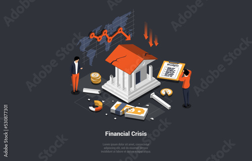 Global World Financial Crisis Concept. Collapse of Economies of States and Budget. Economic Decline, Downfall, Inflation, Devaluation, Stock market Crash, Bankruptcy. Isometric 3d Vector Illustration