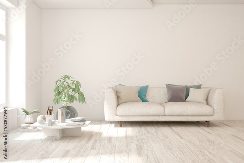 White living room with sofa. Scandinavian interior design. 3D illustration