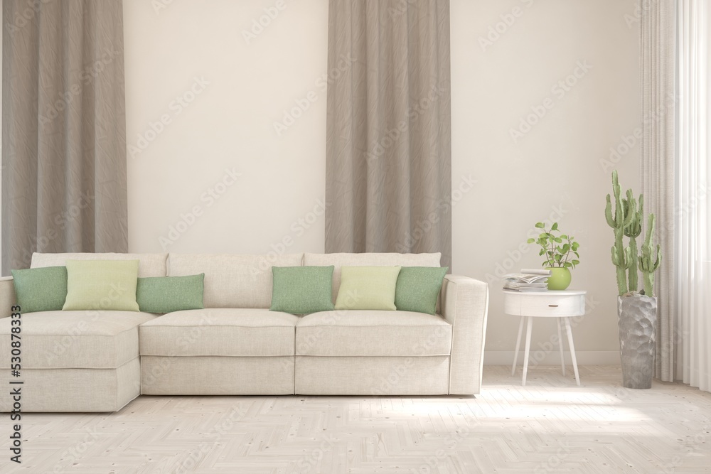 Fototapeta premium White living room with sofa. Scandinavian interior design. 3D illustration
