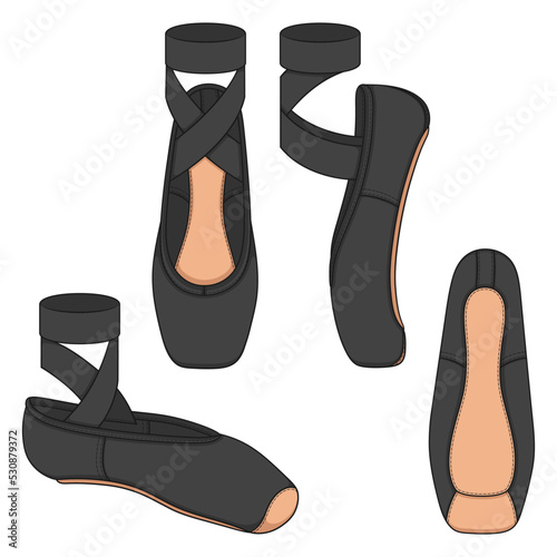 Set of color illustrations with black pointe shoes, ballet shoes. Isolated vector objects on white background.