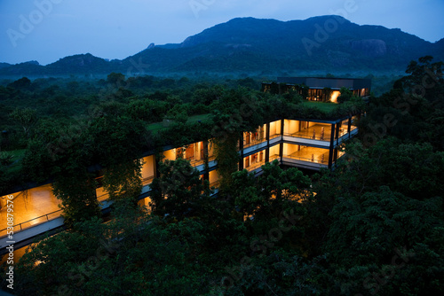 Heritance Kandalama Hotel at dusk. Dambulla, Sri Lanka. Heritance Kandalama is a hotel designed by Sri Lankan architect Geoffrey Bawa.