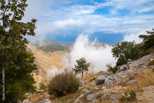 Landscape in the clouds under Mount Pantokrator on the island of Corfu
