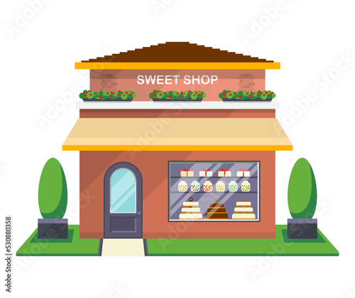 Sweet shop facade isolated on white background vector illustration. Candy store building with showcase, city architecture element in flat design.