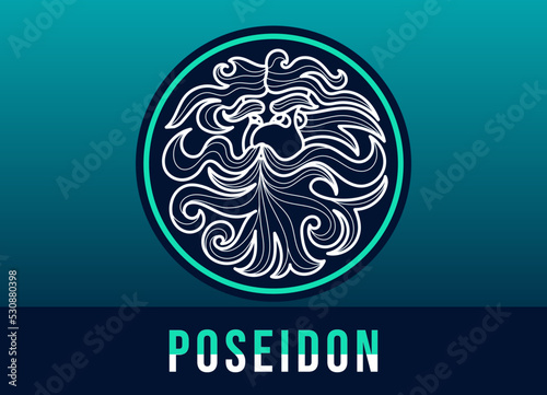 Poseidon icon in a circle. Bearded and mustachioed sea god. The king of the ocean with curly hair. Stylized vector line drawing.