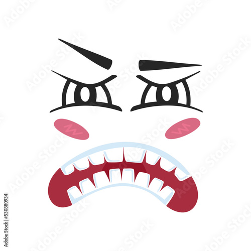 Fury emoji emoticon or smiley face character. Funny facial expression, cute comic face isolated vector illustration.