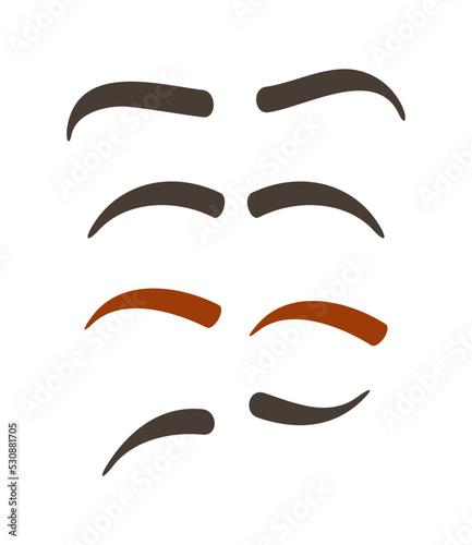 Comic eyebrow expression set isolated vector illustration. Funny emoji emoticon, expression brow construction cartoon icon on white.