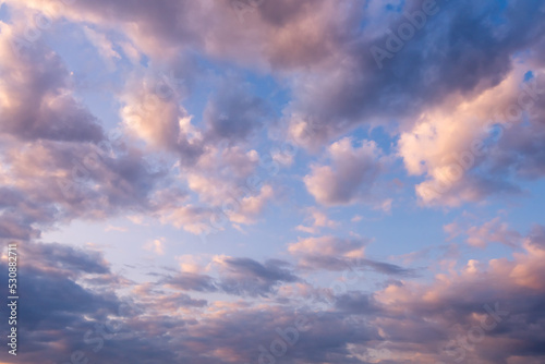 Evening blue sky with divine soft pink clouds. Sky replacement.
