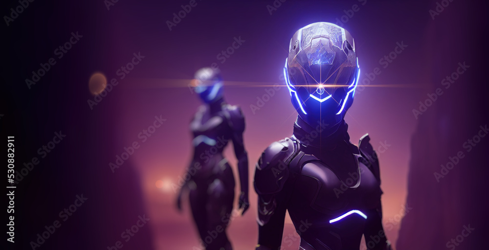 Sci-fi robotic girls. Gynoid working in futuristic environment. Female robot in virtual space 3d render.