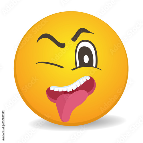 Mischievous 3d round yellow smiley face vector icon. Funny facial expression emoji, cute comic emoticon isolated vector illustration.