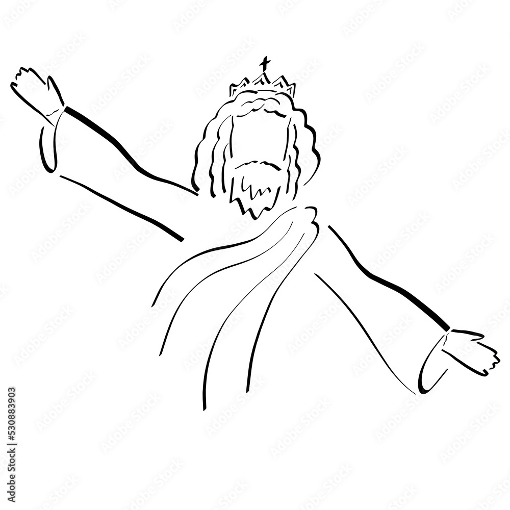 Lord Jesus in a crown with a cross points with one hand up, the other down, black abstract sketch Lord Jesus in a crown with a cross points with one hand up, the other down, black abstract sketch