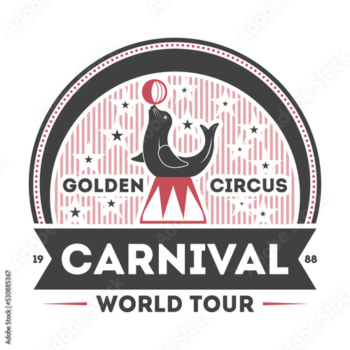 World carnival tour vintage symbol isolated on white background vector illustration. Fame spectacle and funfair label, welcome circus badge