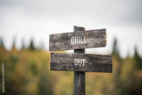 vintage and rustic wooden signpost with the weathered text quote chill out, outdoors in nature. blurred out forest fall colors in the background.