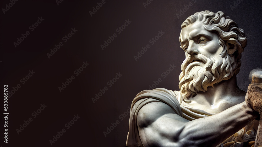 3D illustration of a Renaissance marble statue of Hephaestus. He is the God of fire, metalworking, and forges. Hephaestus in Greek mythology, known as Vulcan in Roman mythology. - obrazy, fototapety, plakaty 