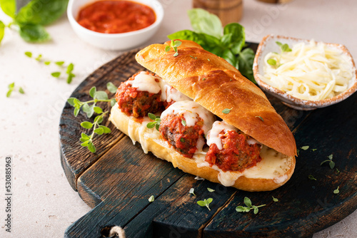 Meatball sub sandwich with marinara and mozzarella