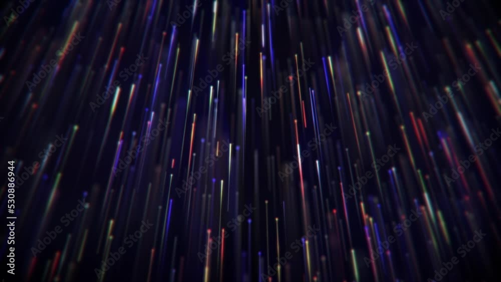 A stream of flowing multicolored digital fiber optic light data node particles. Communication and connectivity concept. Full HD and looping technology motion background animation.