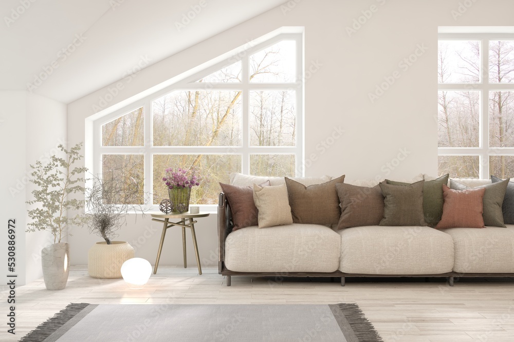 Fototapeta premium Modern living room in white color with sofa and winter landscape in window. Scandinavian interior design. 3D illustration
