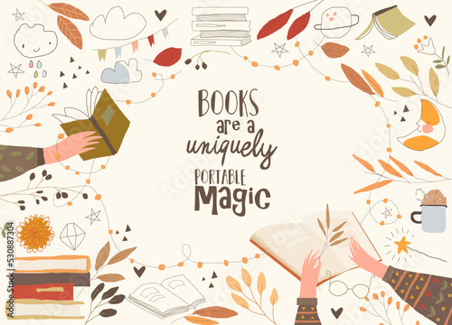 Cartoon Frame with Hands with Books and Autumn Leaves