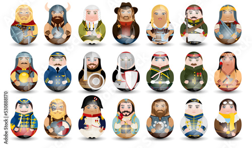 Big set design tilting toy. Various diverse historical characters. Modern kawaii dolls for your business project. Vector.