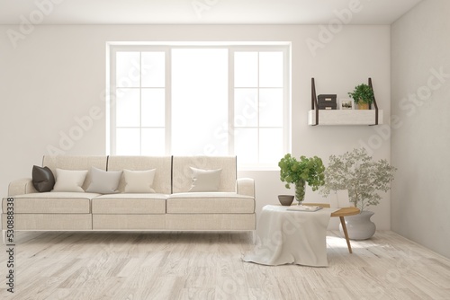 Stylish room in white color with sofa. Scandinavian interior design. 3D illustration