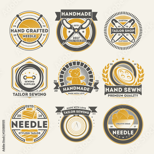 Tailor shop vintage isolated label set. Handmade studio badge, handcrafted needle logo, tailor sewing emblem, custom clothing atelier vector illustration symbol collection in monochrome style.