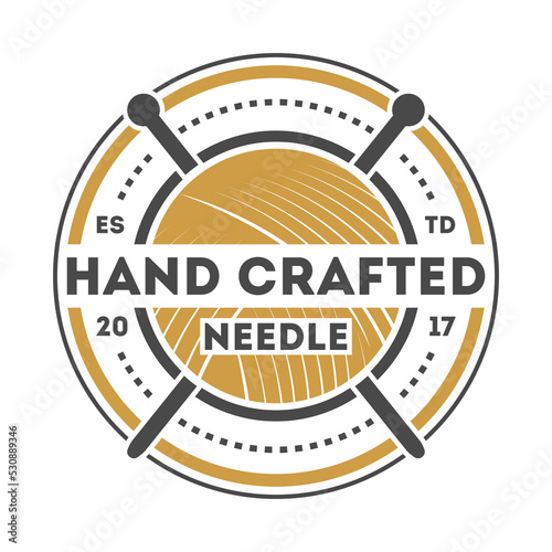 Hand crafted needle vintage isolated label. Handmade studio badge, tailor sewing emblem, custom clothing atelier vector illustration in monochrome style.