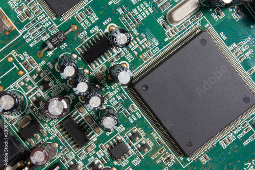 Dirty Electronic Circuit Board. Transistor Microchips.