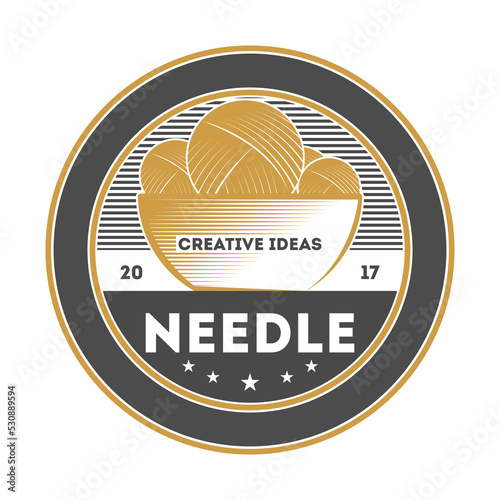 Knitting fashion studio vintage isolated label. Handmade clothing badge, tailor sewing emblem, custom atelier vector illustration in monochrome style.