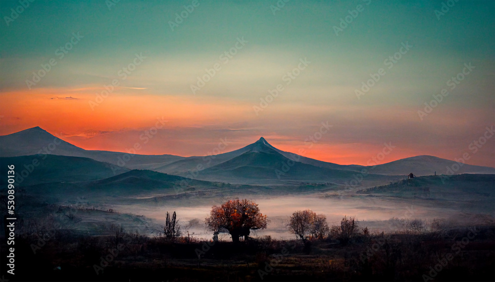Bulgaria countryside field mountain trees evening sky