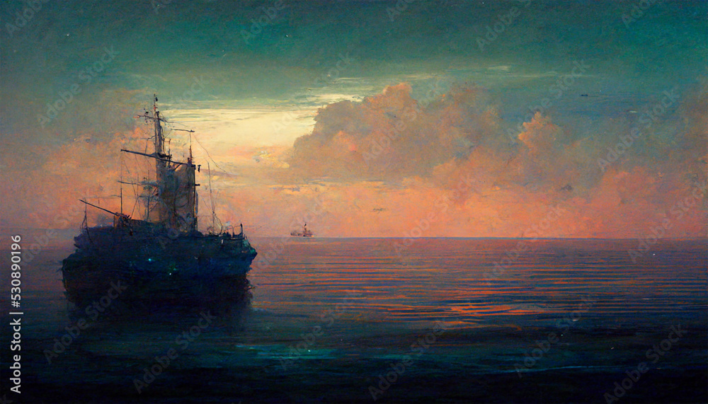 Abandoned pirate ship in middle of the ocean dreamy sky painting Abandoned pirate ship in middle of the ocean dreamy sky painting