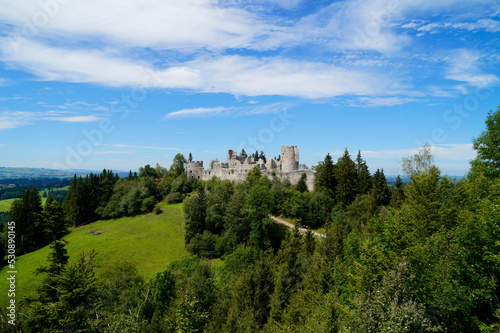 Ancient ruins of Hohenfreyberg Castle or Burg Hohenfreyberg against the blue sky, Allgaeu, Bavaria, Germany 