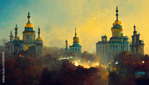 Kyiv cityscape buildings calm sky painting