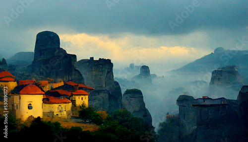 Meteora mountain monastery house cloudy sky