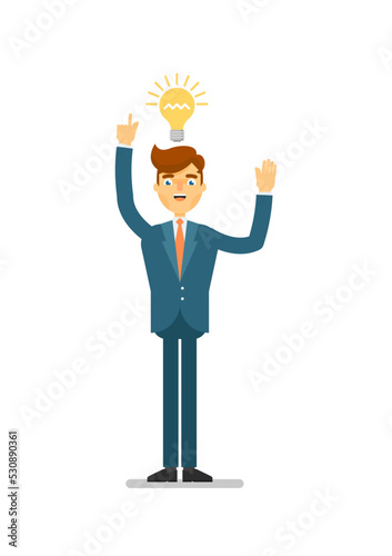 Happy businessman idea generation for startup. Standing young man in business suit, aha moment, creative in business isolated vector illustration.