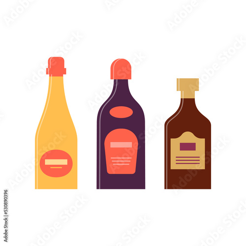Set bottles of champagne liquor rum . Icon bottle with cap and label. Great design for any purposes. Flat style. Color form. Party drink concept. Simple image shape
