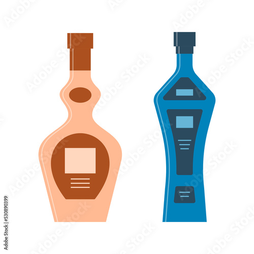 Set bottles of cognac and gin or vodka great design for any purposes. Icon bottle with cap and label. Flat style. Color form. Party drink concept. Simple image shape