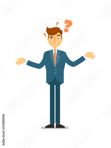 Doubtful businessman asking question character. Standing young man in business suit and tie isolated vector illustration.