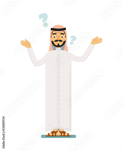Doubtful muslim businessman asking question. Standing arabian man in traditional clothing, business people vector illustration.
