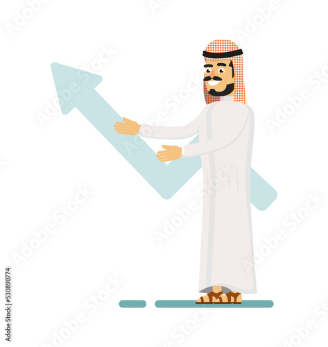 Muslim businessman presentation business growth. Standing arabian man in traditional clothing, business people vector illustration.