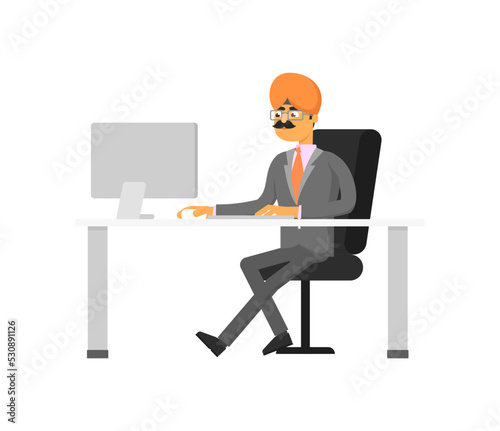 Indian businessman working on computer. Man in business suit and turban sitting at office table, business people vector illustration.