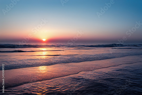 Sea sunset, panorama of the sea landscape, sunrise in the ocean, light above the water. Beautiful seascape.  Digital art. 3D illustration © Katynn
