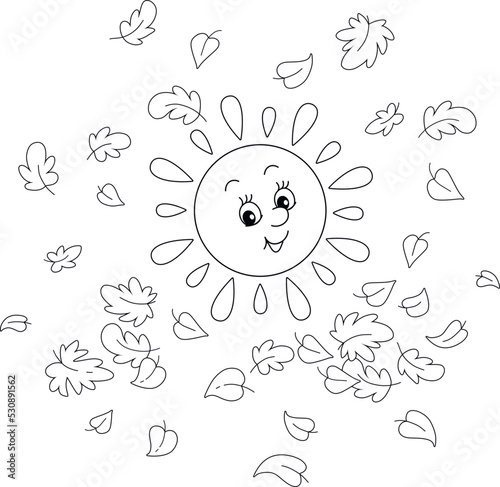 Cute friendly smiling sun and autumn leaves whirling around, black and white vector cartoon illustrations for a coloring book page
