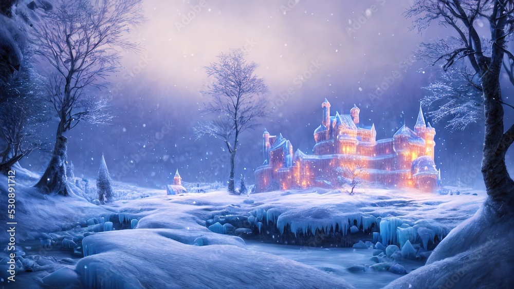 Winter fairy castle, holiday decorations, neon, night, lanterns and garlands. Winter night landscape forest near the river. Christmas tree. Festive background. 3D illustration Winter fairy castle, holiday decorations, neon, night, lanterns and garlands. Winter night landscape forest near the river. Christmas tree. Festive background. 3D illustration