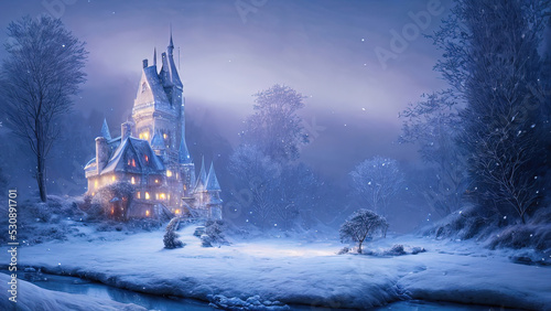 Winter fairy castle, holiday decorations, neon, night, lanterns and garlands. Winter night landscape forest near the river. Christmas tree. Festive background. 3D illustration © MiaStendal