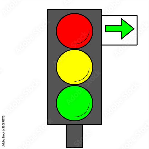 additional green arrow to the right,Traffic lights with all three colors on,driving school,learning the rules of the road.Training material