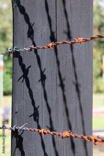 Płot wykonany z kolczastego drutu i drewnianych słupów. Obóz dla więźniów. 