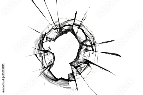 Photo of broken glass with cracked texture on a white background. For design.